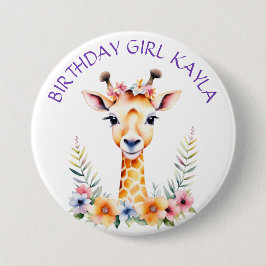 Baby Giraffe in Blume Girl's Birthday Party Button