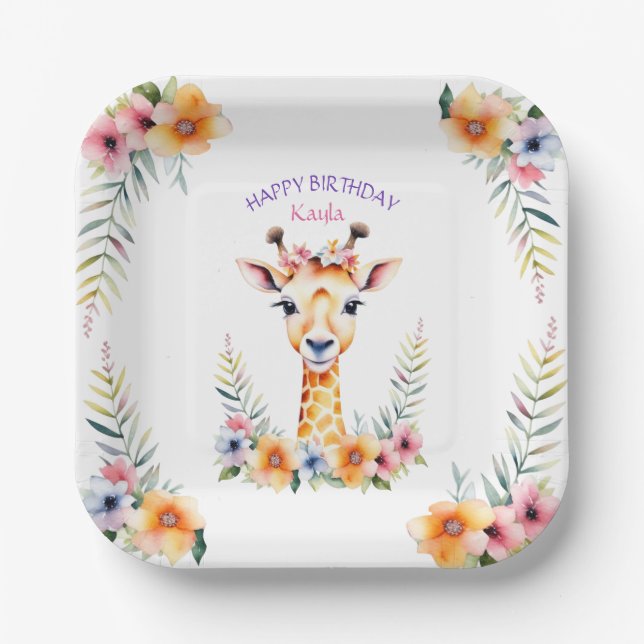 Baby Giraffe in Blume Girl's Birthday Party Pappteller (Vorderseite)