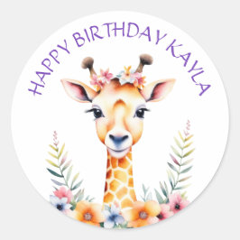 Baby Giraffe in Blume Girl's Birthday Party Runder Aufkleber