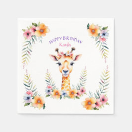 Baby Giraffe in Blume Girl's Birthday Party Serviette