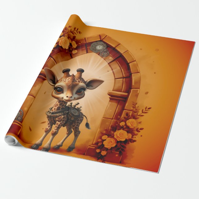 Baby-Giraffe in Steampunk-Cartoon Geschenkpapier (Ungerollt)