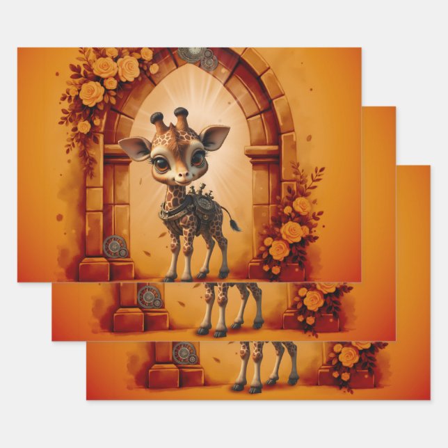 Baby-Giraffe in Steampunk-Cartoon Geschenkpapier Set (Set)