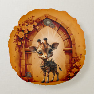 Baby-Giraffe in Steampunk-Cartoon Rundes Kissen