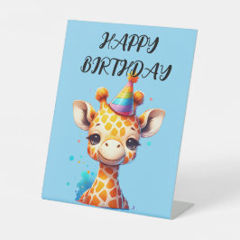 Baby-Giraffe mit blauer Party-Hut Sockelschild