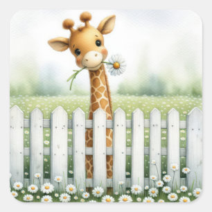 Baby Giraffe mit Daisy Quadratischer Aufkleber