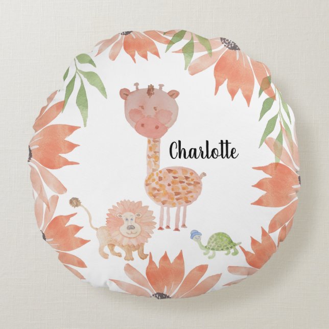 Baby Giraffe Watercolor Handgemalt Mit Monogramm Rundes Kissen (Vorderseite)