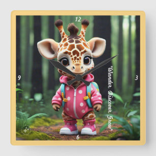 "Baby Giraffe's Playdate" Quadratische Wanduhr