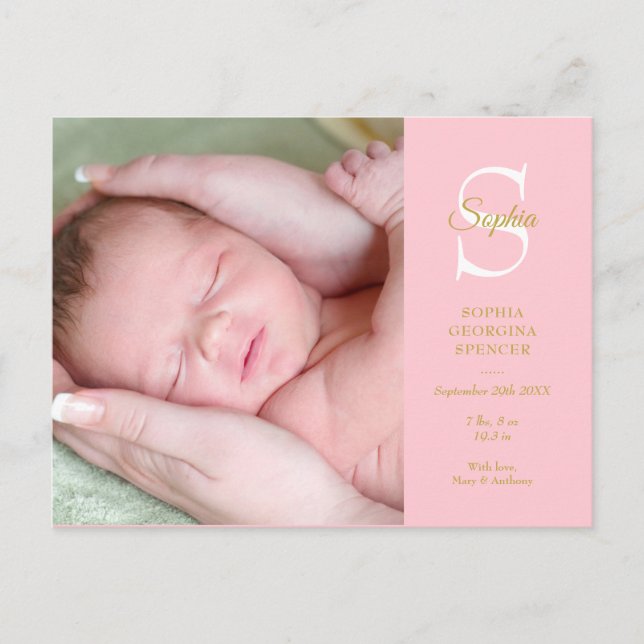Baby GirI Birth Stats Monogram Foto Vielen Dank Postkarte (Vorderseite)