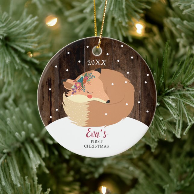 Baby Girl 1. Christmas Woodland Fox Personalisiert Keramik Ornament (Baum)