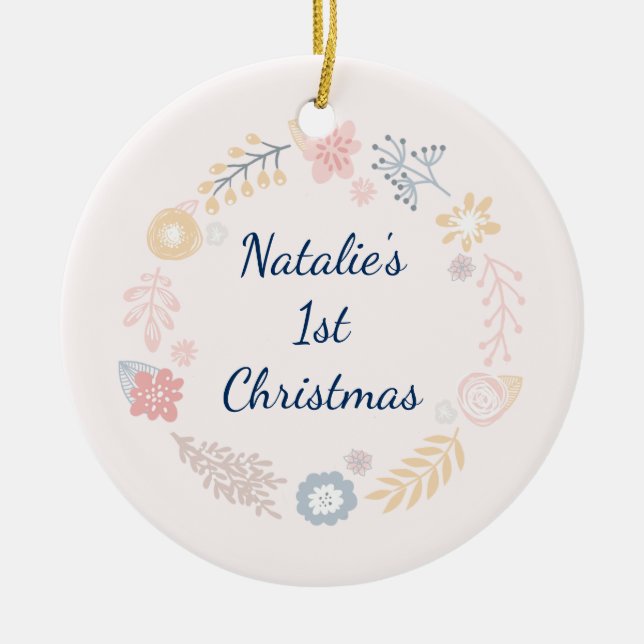 Baby Girl 1. Weihnachts Pink Botanisches Foto Keramik Ornament (Vorne)