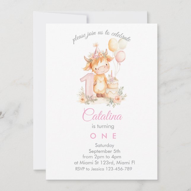 Baby Girl 1st Birthday highland cow Einladung (Vorderseite)