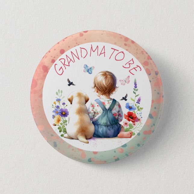 Baby Girl and Puppy Baby Shower Oma zu sein Button (Vorderseite)