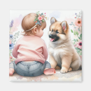 Baby Girl and Puppy Pink Baby Dusche Magnet