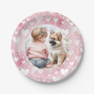 Baby Girl and Puppy Pink Baby Dusche Pappteller