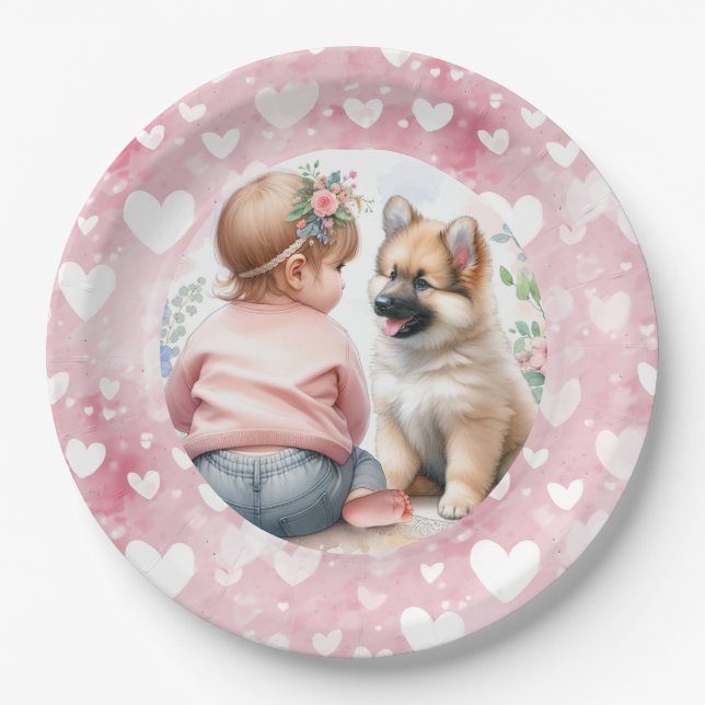 Baby Girl and Puppy Pink Baby Dusche Pappteller (Vorderseite)