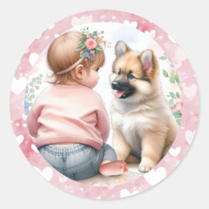 Baby Girl and Puppy Pink Baby Dusche Runder Aufkleber