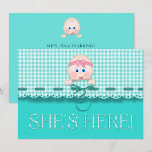 Baby Girl Ankündigung Sie ist hier Baby Gesicht Aq