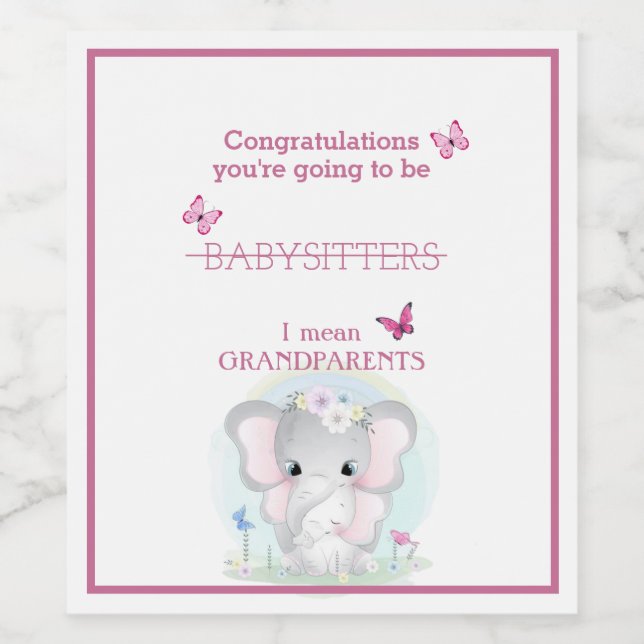 Baby Girl Announcement Elephants Butterflies Weinetikett (Einzelnes Label)