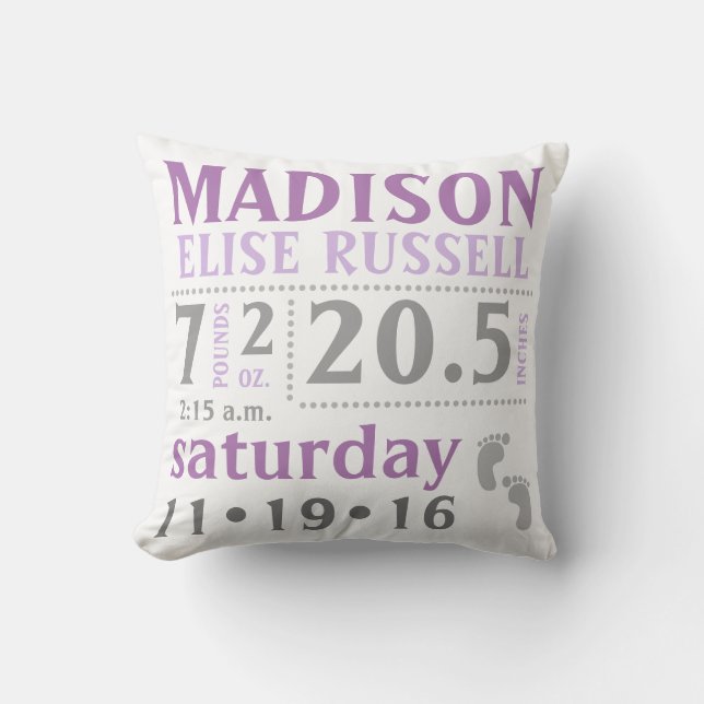 Baby Girl Announcement Pillow Lila Grau Kissen (Vorderseite)