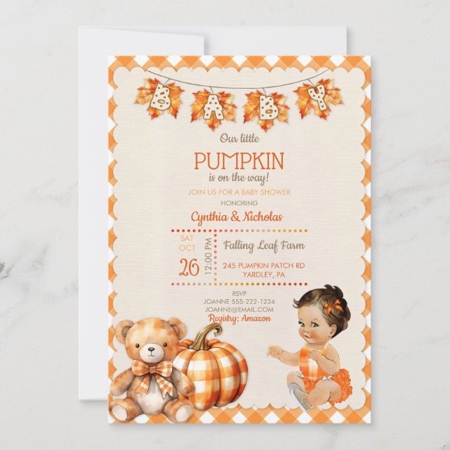 Baby Girl Autumn Kariert Teddy Bear Pumpkin Blätte Einladung (Vorderseite)