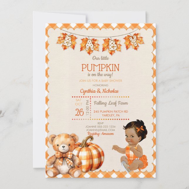 Baby Girl Autumn Kariert Teddy Bear Pumpkin Blätte Einladung (Vorderseite)