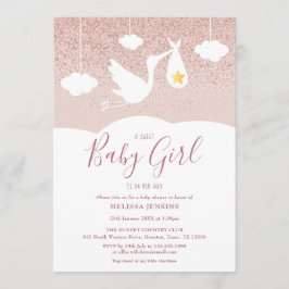 Baby Girl Baby Shower Stork Rose Gold Glitzer Einladung