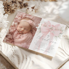 Baby Girl Baptism Photo Floral Bow Thank you Card Einladung
