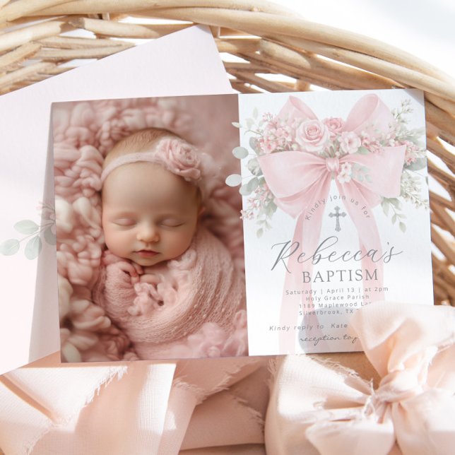 Baby Girl Baptism Photo Floral Eucalyptus Bow Einladung (Von Creator hochgeladen)