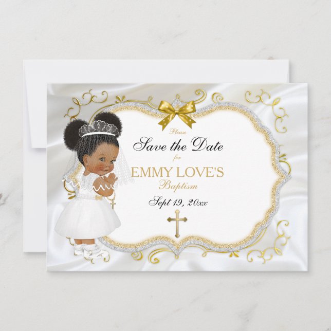 Baby Girl Baptisse Rett Date White Gold Cross Save The Date (Vorderseite)