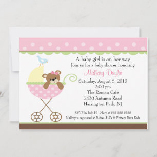 Baby Girl Bear Carriage Baby Shower Einladung