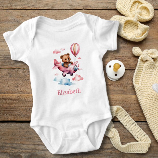 Baby Girl Bear Flying Airplane Babygeschenk Baby Strampler (Girl Bear flying an Airplane personalized baby girl body suit. Baby shower gift. New baby girl gift)