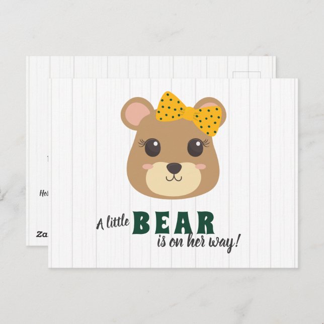 Baby Girl Bear Green & Gold Baby Dusche Einladung Postkarte (Vorne/Hinten)