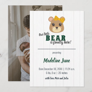 Baby Girl Bear Green & Gold Vertical Baby Ankündigung