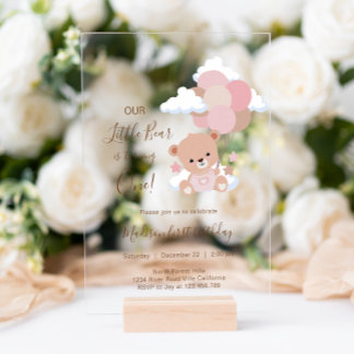 Baby Girl Bear mit Balloons Wolken 1. Geburtstag Acryleinladungen