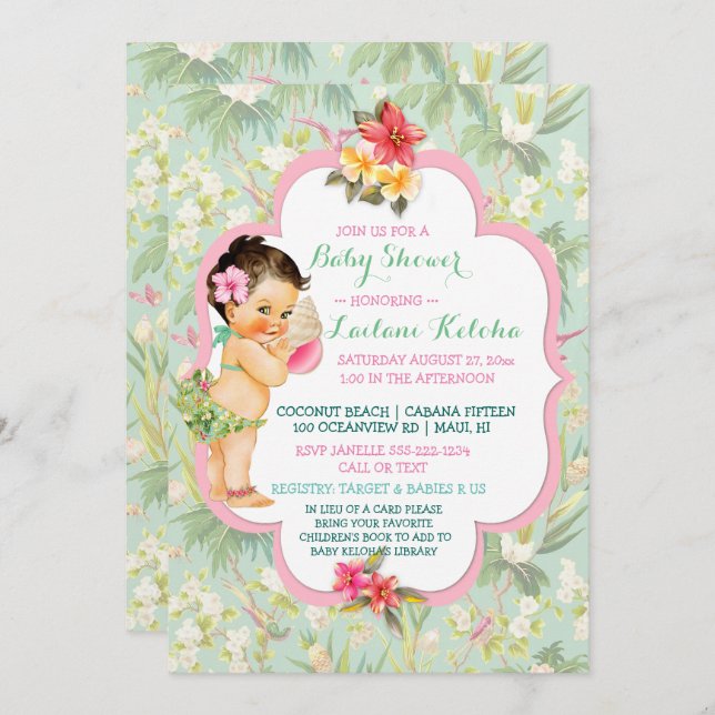 Baby Girl Bikini Tropical Luau Hawaiian Muschel Einladung (Vorne/Hinten)