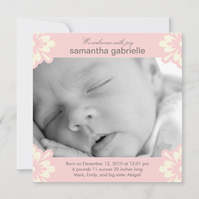 Baby Girl Birth Announcement - Blumenecken Ankündigung (Vorderseite)