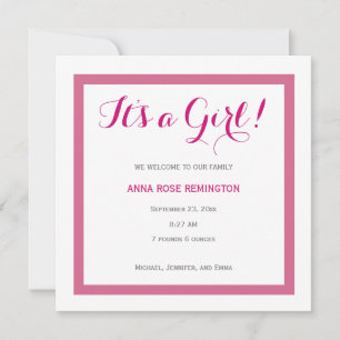 Baby Girl Birth Announcement Classic Style Pink A2 Einladung