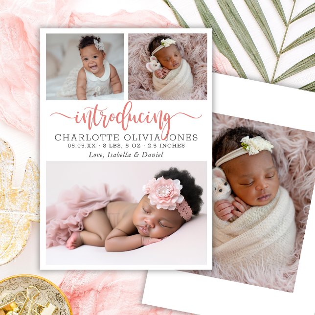 Baby Girl Birth Announcement Photo Collage Card Ankündigung (Von Creator hochgeladen)