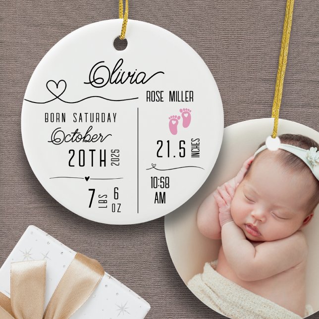 Baby Girl Birth Announcement Photo Name Stats Keramik Ornament (Personalized Baby Girl Custom Ornament Birth Announcement Name Stats Photo Baby's First Christmas)