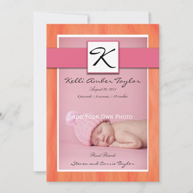 Baby Girl Birth Announcement Pink Orange Ankündigung (Vorderseite)