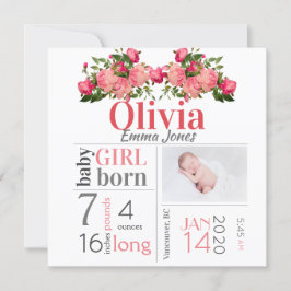 Baby Girl Birth Stat Ankündigung Pink Floral Card