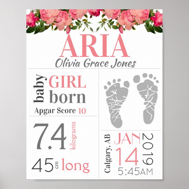 Baby Girl Birth Stat Schild Pink Floral Footprint (Vorne)