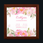 Baby Girl Birth Stats Pink Gold Floral Keepake Erinnerungskiste<br><div class="desc">Liebliche kleine Sake-Box für ein Kinderzimmer eines kleinen Mädchens. Das hübsche Blumendesign ist mit Blume in Rosa-, Gold- und Grüntönen in Aquarelltönen gestaltet. Die Vorlage ist Set für Sie, um den Namen und Geburtsdaten des Babys, einschließlich Geburtsdatum und Geburtsdatum, Gewicht und Länge hinzuzufügen. Sie können auch Ihren eigenen Text hinzufügen...</div>