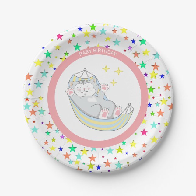 Baby Girl Birthday Kitty Cat & mehrfarbige Stars Pappteller (Vorderseite)