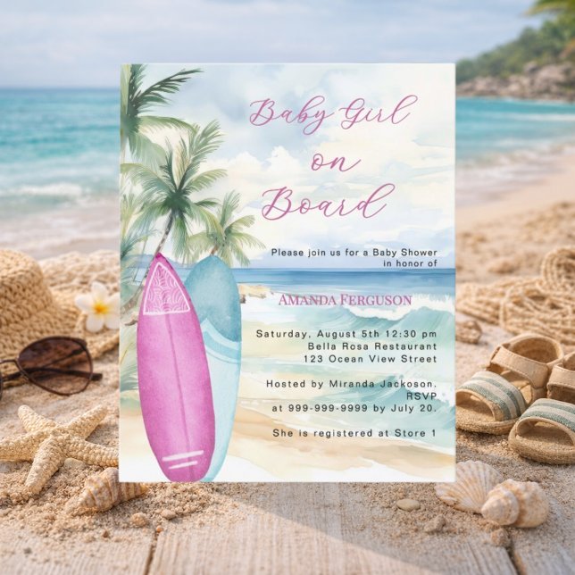 Baby Girl Board surfboard Baby Shower invitation (Von Creator hochgeladen)