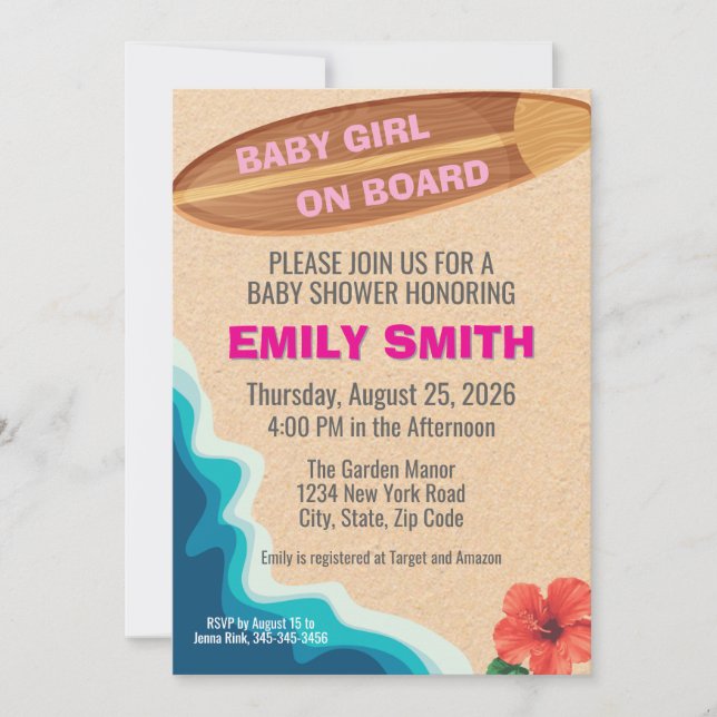 Baby Girl Board Surfboard Baby Shower Invitation Einladung (Vorderseite)