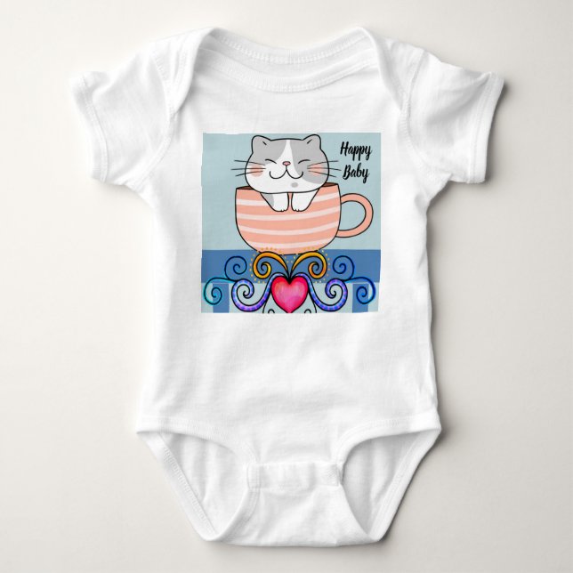 Baby Girl Bodysuit mit lächelnder Katze im Cup Baby Strampler (Vorderseite)