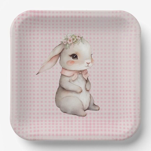 Baby Girl Boho Bunny on Gingham Pappteller (Vorderseite)
