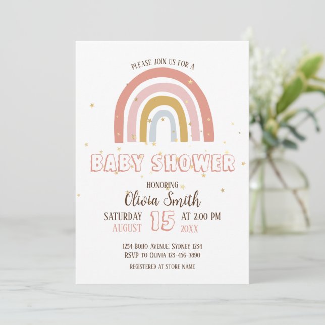 Baby Girl Boho Rainbow Baby Shower Einladung (Stehend Vorderseite)