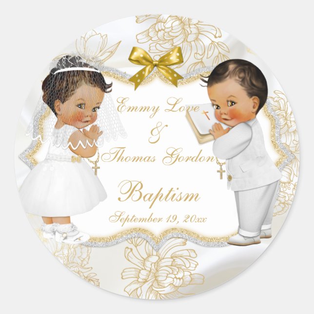 Baby Girl Boy Twins Communion Taufe Gold Cross Runder Aufkleber (Vorderseite)